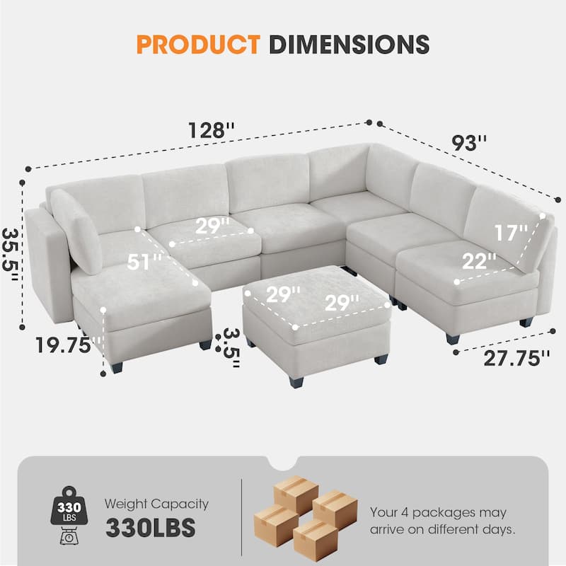 GDFStudio - Chenille Fabric 8-Seat 128" Modular Sectional Sofa with Storage & Solid Wood Frame