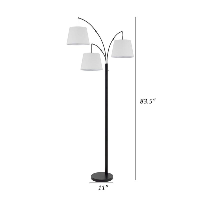 84 Inch Floor Lamp, 3 Tree Style White Drum Shades, Black Metal Finish