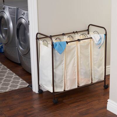 Household Essentials Rolling Quad Laundry Sorter with Removable Hamper Bags | Antique Bronze Frame