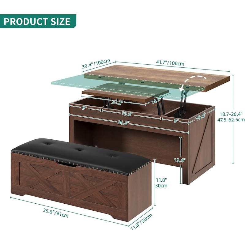Moasis Farmhouse Lift-Top Coffee Table Dinning Center Table with Storage Ottoman Bench Set