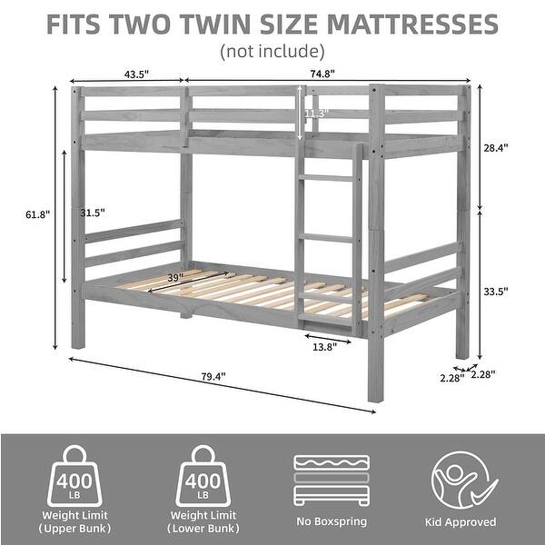 dimension image slide 1 of 4, Twin over Twin Wooden Bunk Bed,High Guardrail,Ladder,Kids Teens,Dorm