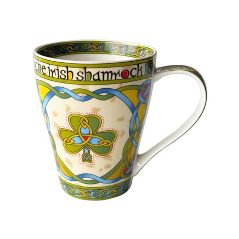 Stylish Multi-Color Bone China Mug 13oz Featuring Classic Shamrock and Celtic Patterns Dishwasher Safe