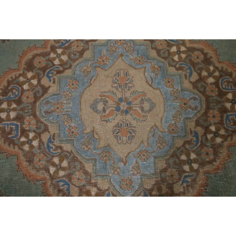 Turquoise Green Tabriz Persian Vintage Area Rug Handmade Wool Carpet - 7'6" x 10'10"