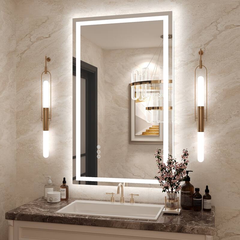 Frameless LED Front Light and Backlit 3 Colors Dimmable Anti-Fog Wall Bathroom Vanity Mirror - 40" x 24"-Square Corner