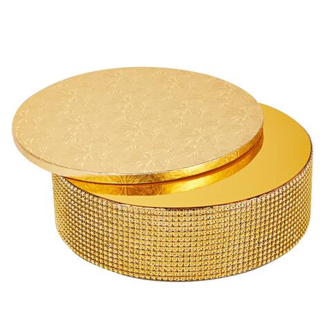 2 Piece Gold Rhinestone Cake Stand Set with 12" Cake Drum for Wedding, Birthday