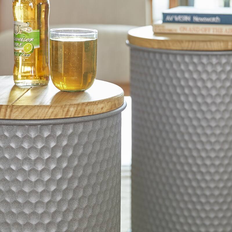 Glitzhome Set of 2 Modern Gray Honeycomb End Table Storage Ottoman