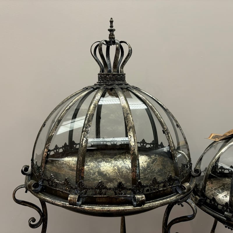 Set of 3 Glass Dome Terrariums on Stands with Antique Finish