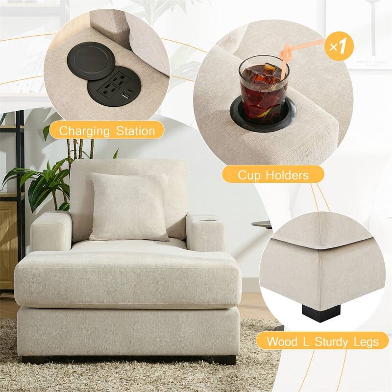 Chenille Fabric Oversized Chaise Lounger, 39.7''/43.5''/55'' Chair Bed Sofa Couch with Pillows, Charge Station & Cup Holders