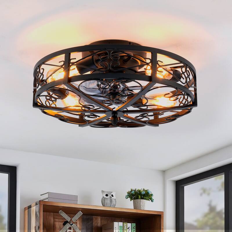 20 inch Flush Mount Ceiling Fan Light with Remote Caged Farmhouse Fandelier Black Wood Low Profile