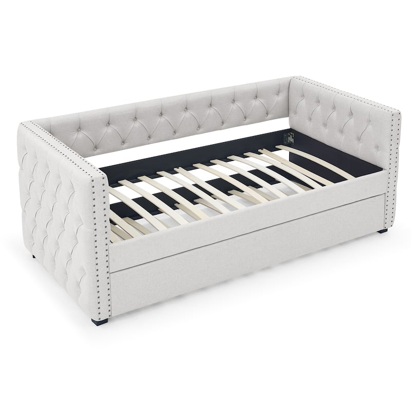 Beige Twin Size Upholstered Tufted Daybed with Button and Copper Nail on Square Arms for Bedroom