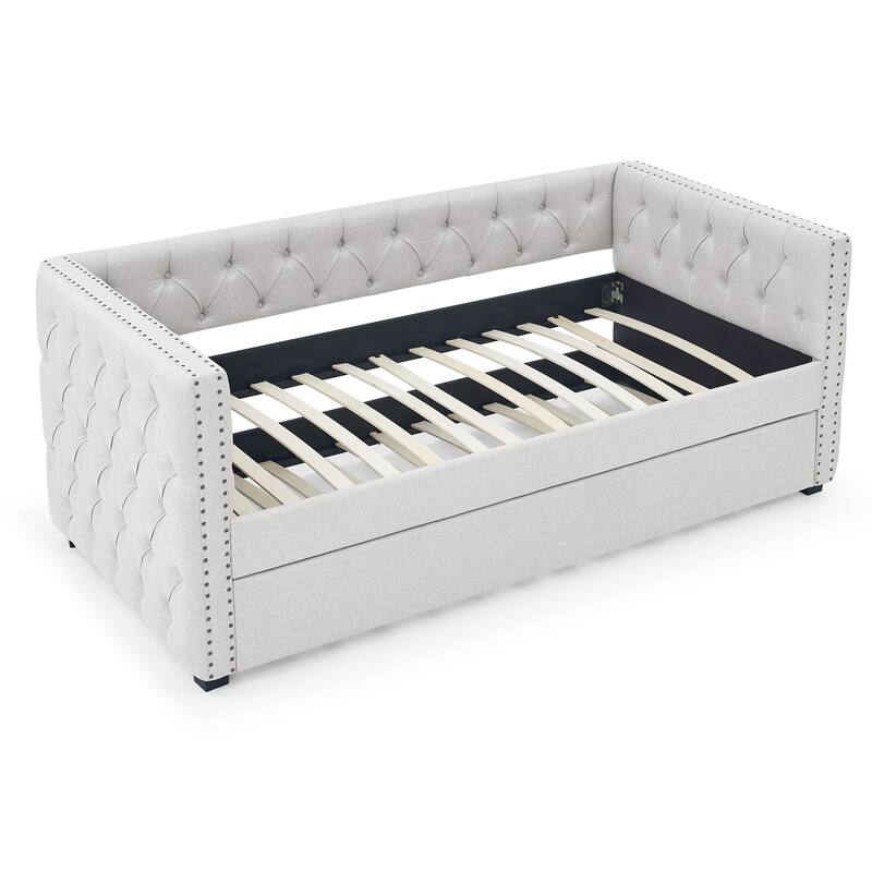 Twin Size Sofa Bed Frame with Trundle/Upholstered Daybed with Button Tufted and Nailhead Trim on Square Arms/No Spring Box Need