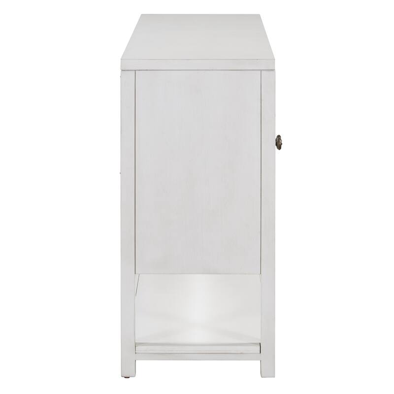 Antique White Sideboard Storage Cabinet with Mirrored Doors & Open Storage Shelf, Console Table Display Case for Living Room