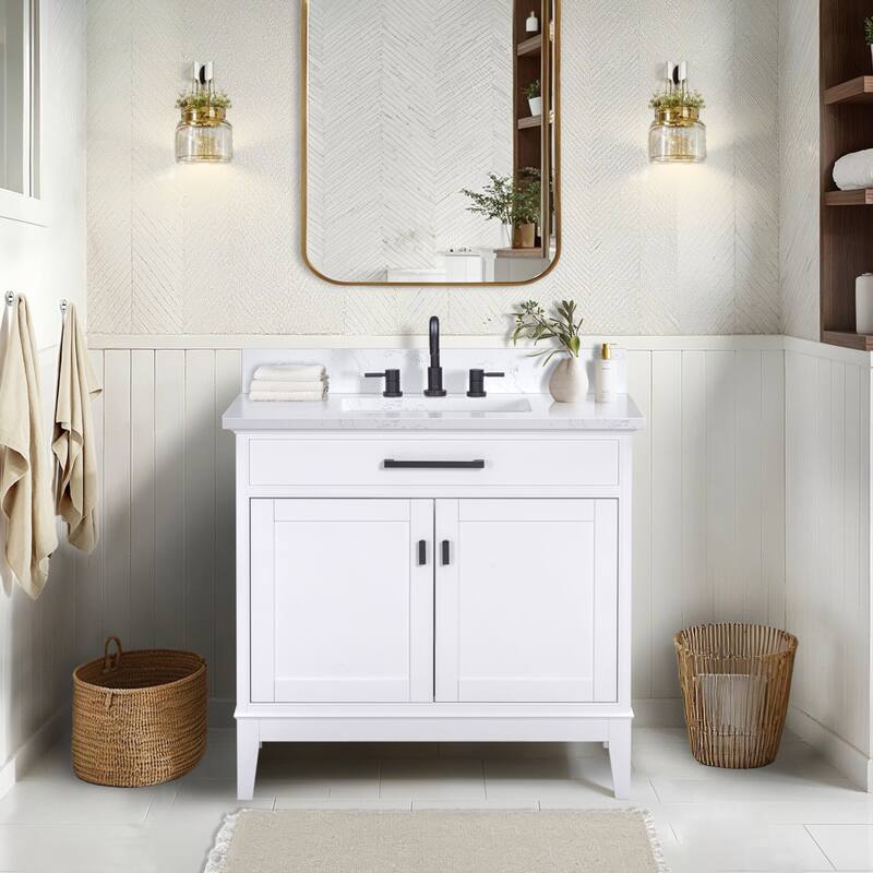 Madison 36 in. Single Sink Bathroom Vanity with Engineered Stone Top - 37" x 22"D x 35"H - White