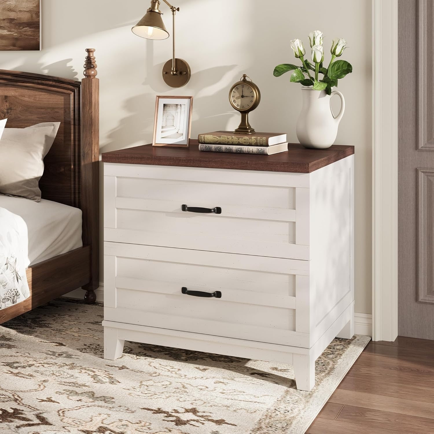 Side-pull Nightstand with Two Deep Drawers, 31.5in Farmhouse Bedroom Storage Cabinet, Home Office Organization Cabinet