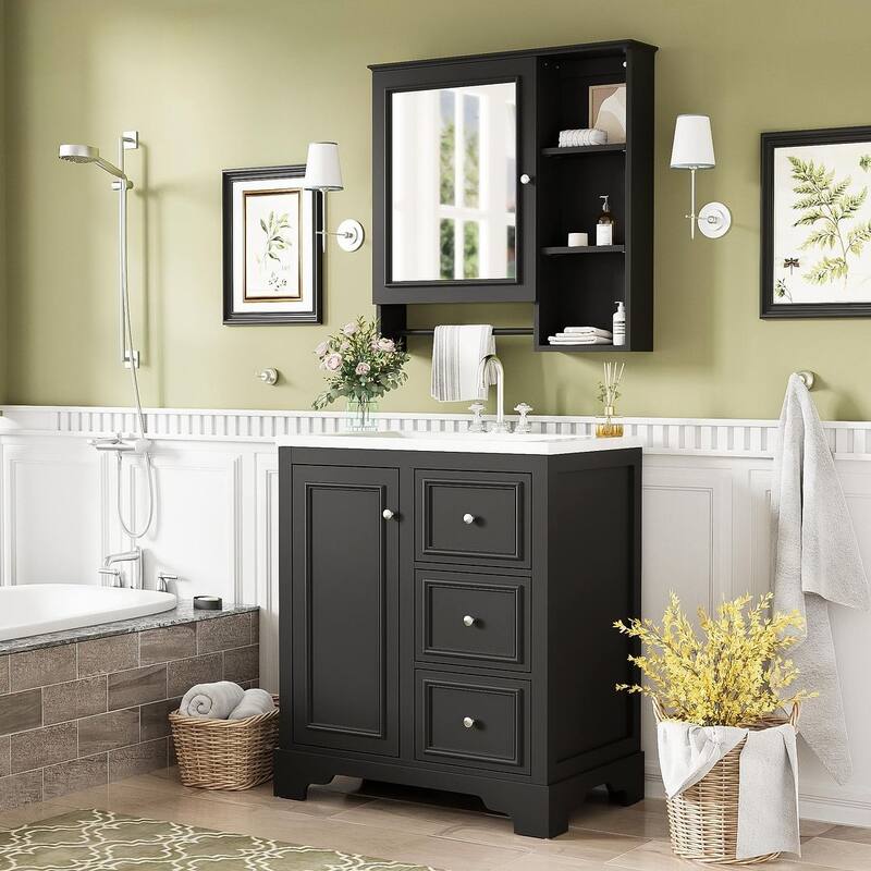 30'' Bathroom Vanity with Top Sink, Freestanding Vanity Set with Mirror Cabinet