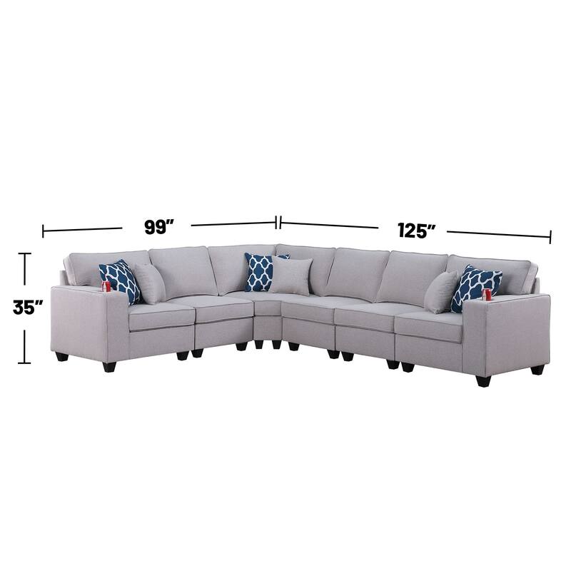 6 Piece Linen Upholstered L-Shape Sectional Sofa in Light Gray