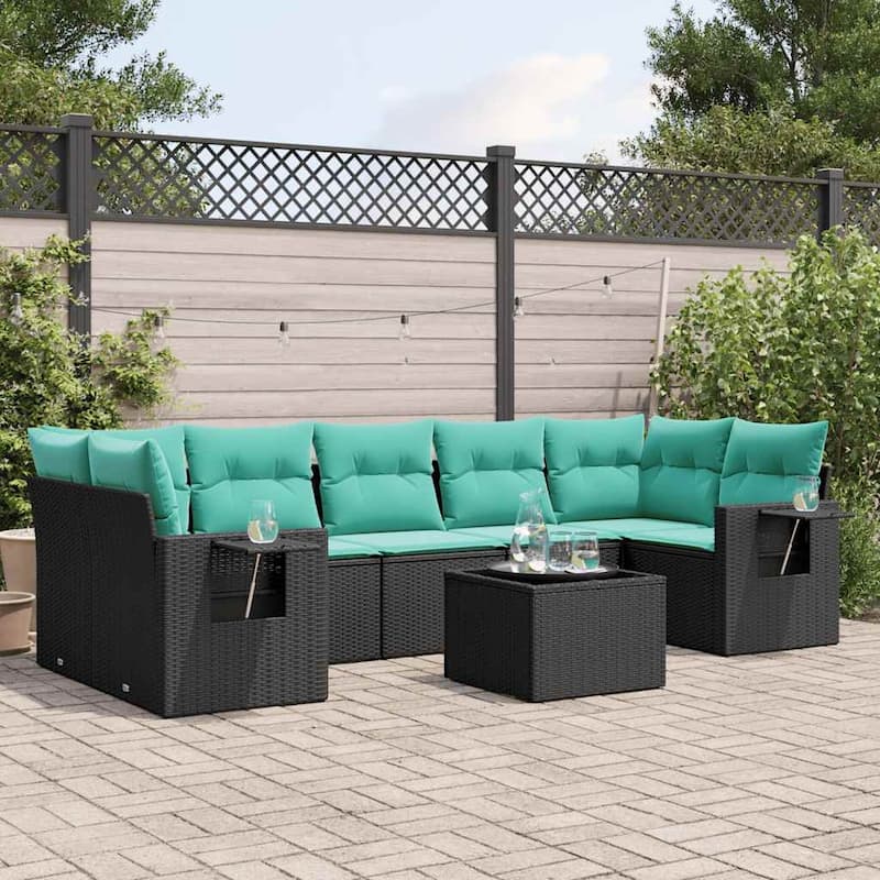 vidaXL Patio Sofa Set with Cushions Outdoor Furniture 8 Piece Poly Rattan - 24.4 x 24.4 x 27.2 - Black and Blue
