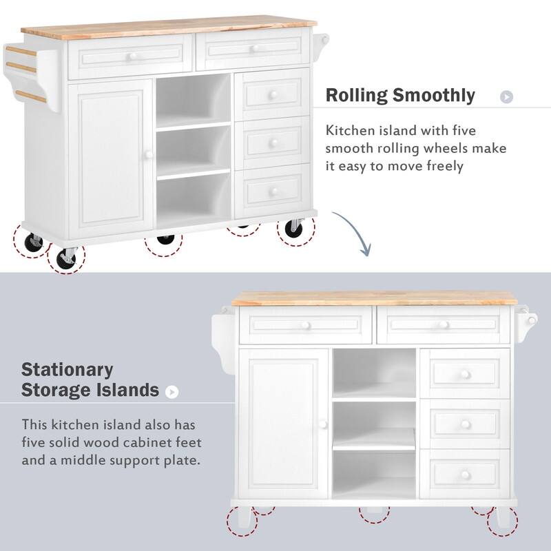 Rubber Wood Desktop Rolling Mobile Kitchen Island with 5 Drawers