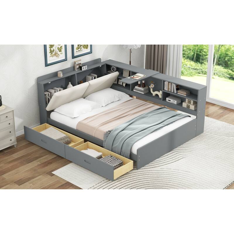 Full Size Wood Platform Bed with Storage Headboard, Shelves, and 2 Drawers in Gray - No Box Spring Required
