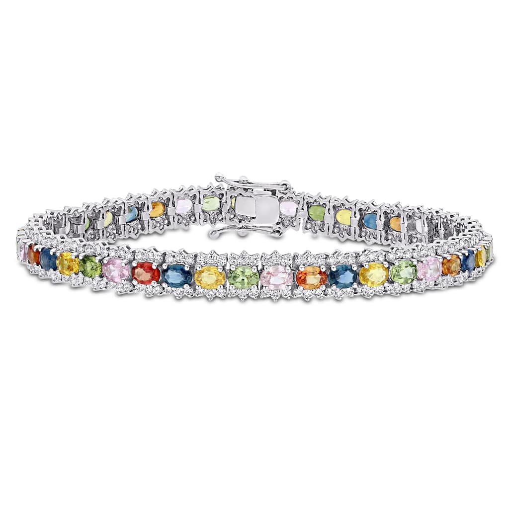 Miadora 18k White Gold 8 1/5ct TGW Oval Multi-Color Sapphire and 2 1/5ct TDW Diamond Tennis Bracelet