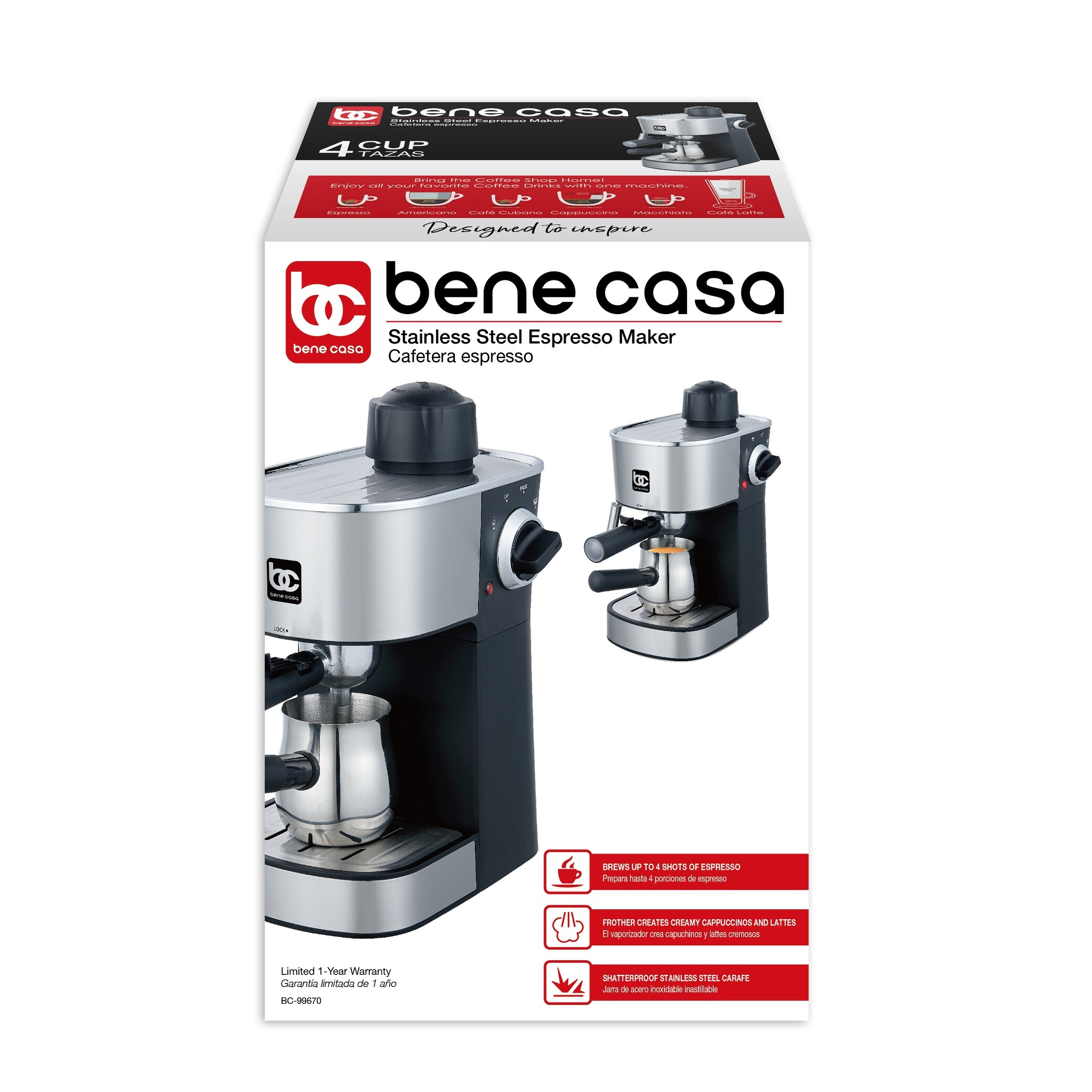 Bene Casa BC-99148 4-Cup Red Espresso Maker with Frother 