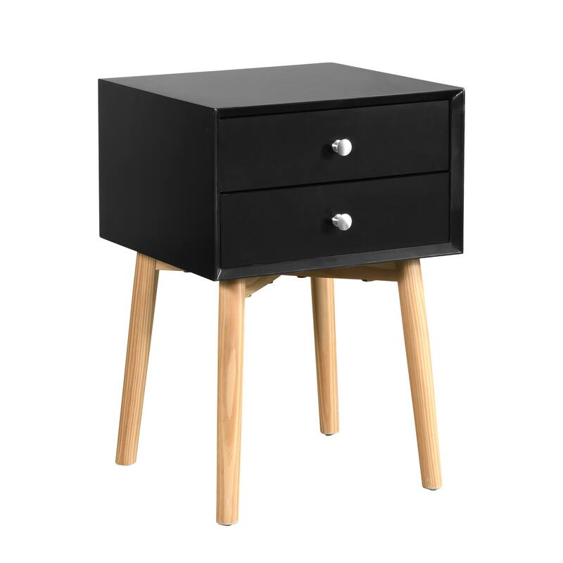 Modern Black Nightstand with 2 Drawers - Mid Century Bedside Table and Small Space Storage
