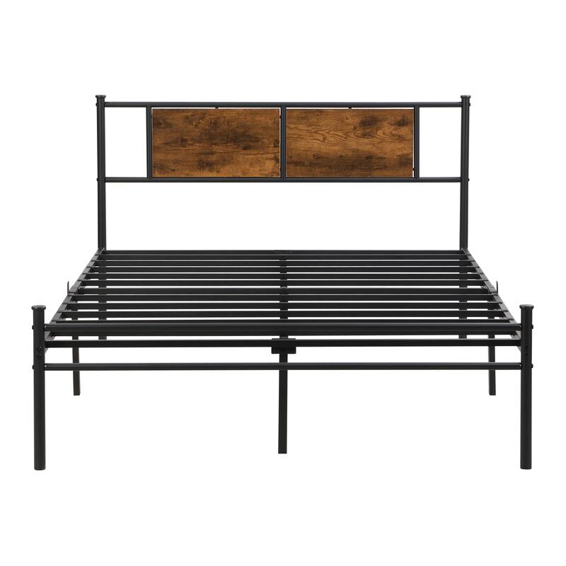 King Size Metal Platform Bed with Wood Panel Headboard, Under-Bed Storage and No Box Spring Needed