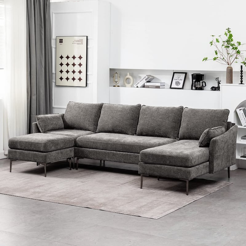 EROMMY U Shaped 6-seat Sectional Sofa Couch, Reversible Sleeper in Modern Chenille Design, with Chaise Lounge and Ottoman - Grey - Symmetrical