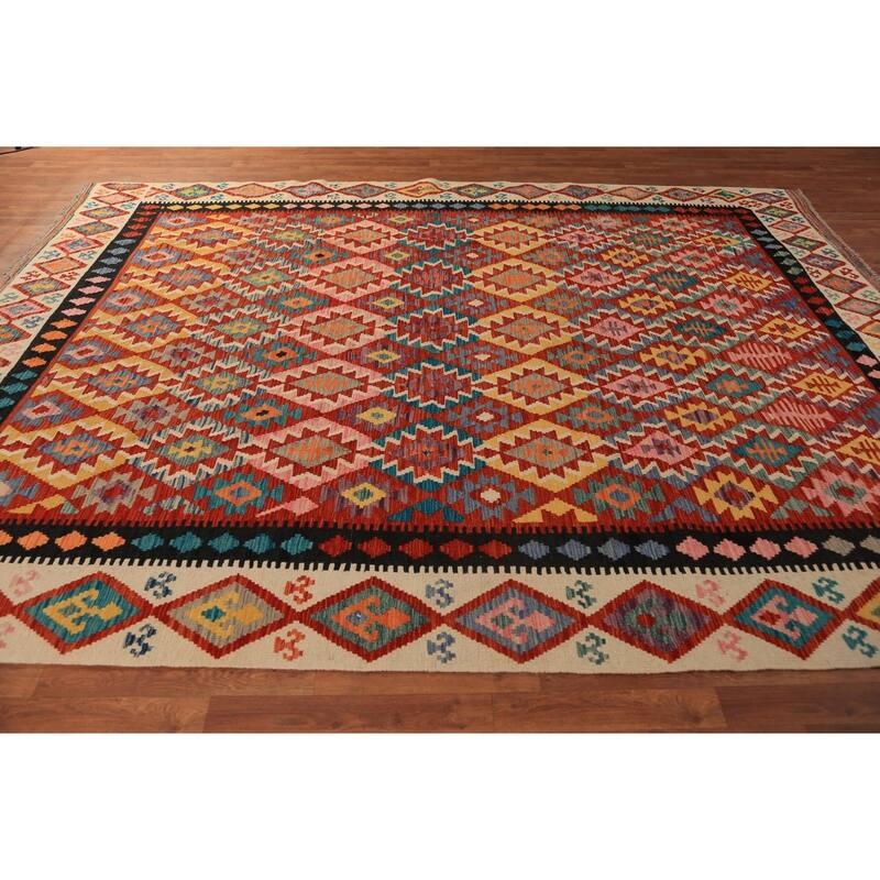 Geometric Kilim Reversible Area Rug Hand-Woven Orange Wool Carpet - 8'3"x 11'0"