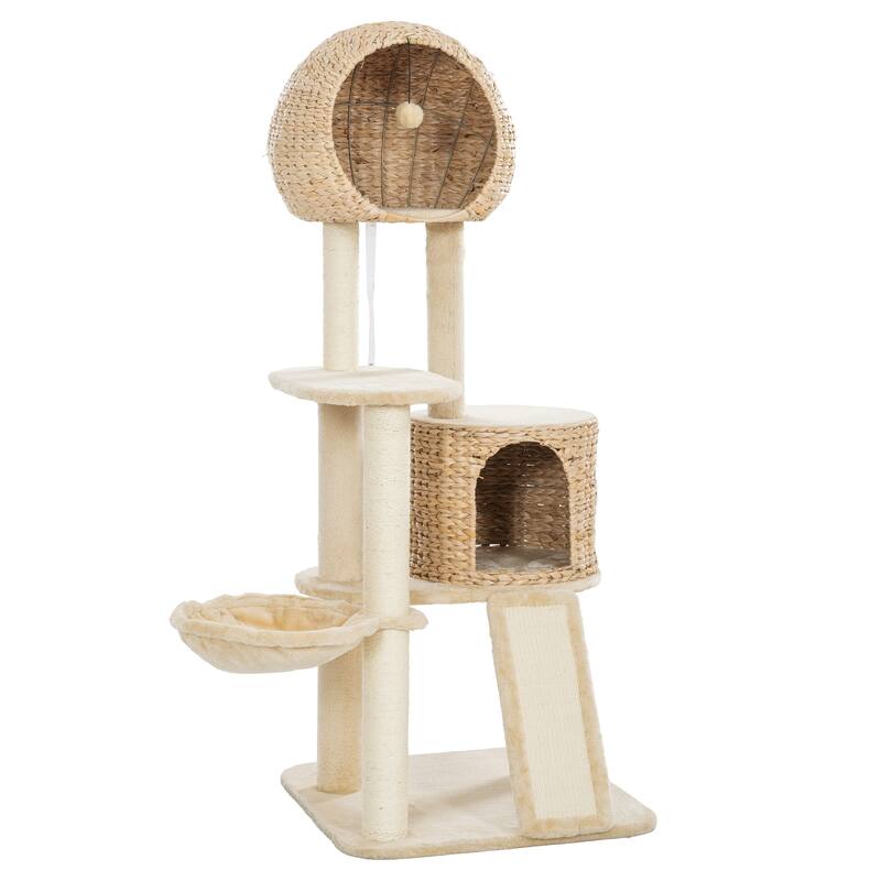 Cat Tree, 59-Inch Cat Tower, Plush Multi-Level Cat Condo with 2 Perches,2 Caves, Cozy Basket and Scratching Board