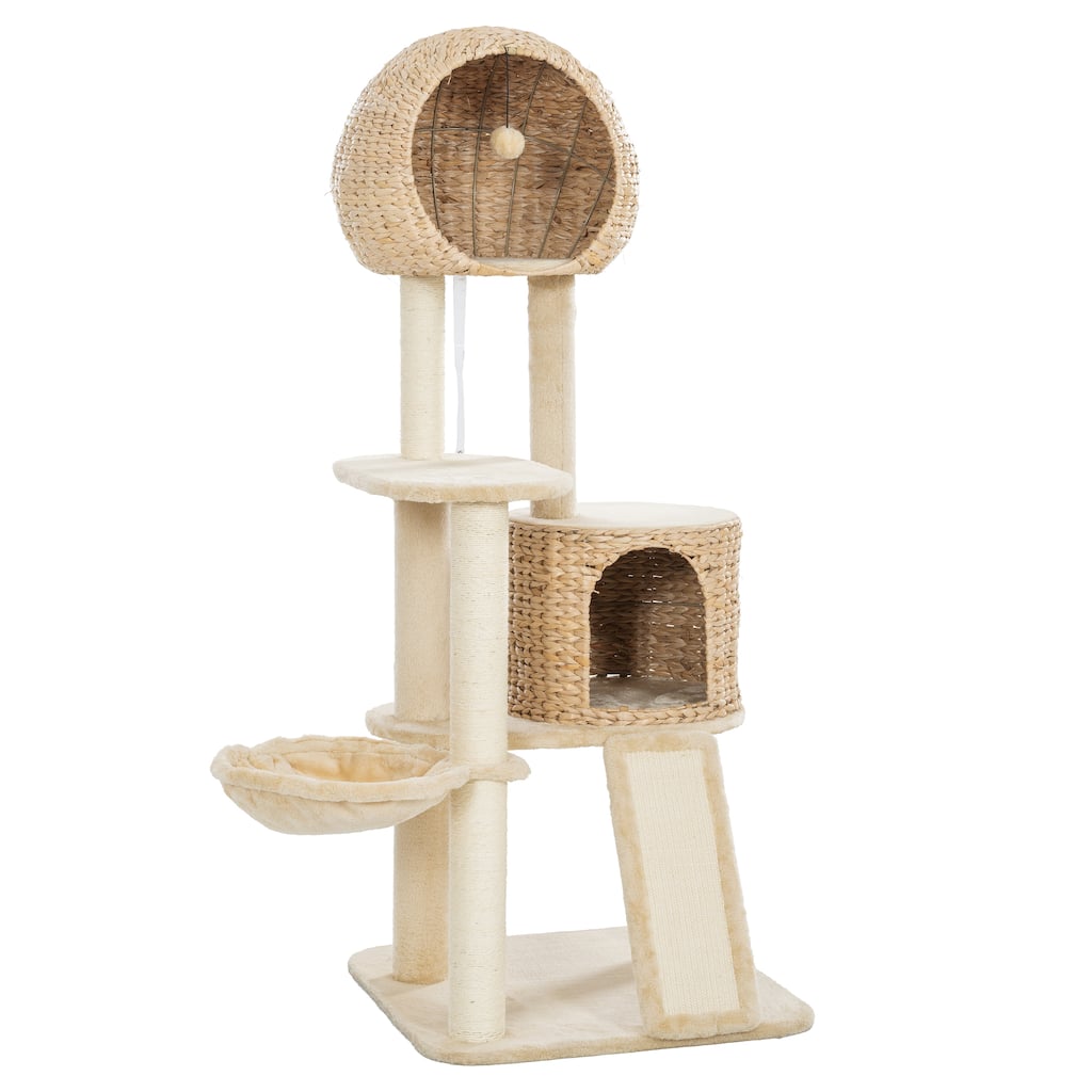 Cat Tree, 59-Inch Cat Tower, Plush Multi-Level Cat Condo with 2 Perches,2 Caves, Cozy Basket and Scratching Board