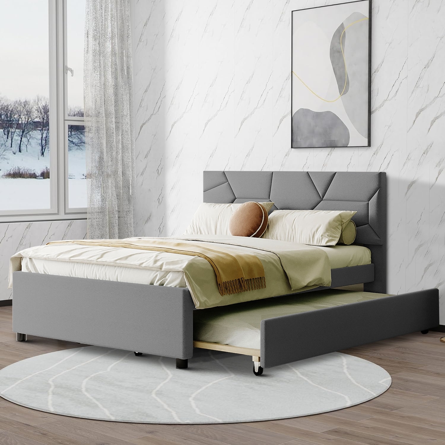 Modern Stylish Linen Fabric Upholstered Platform Bed with Trundle Bed