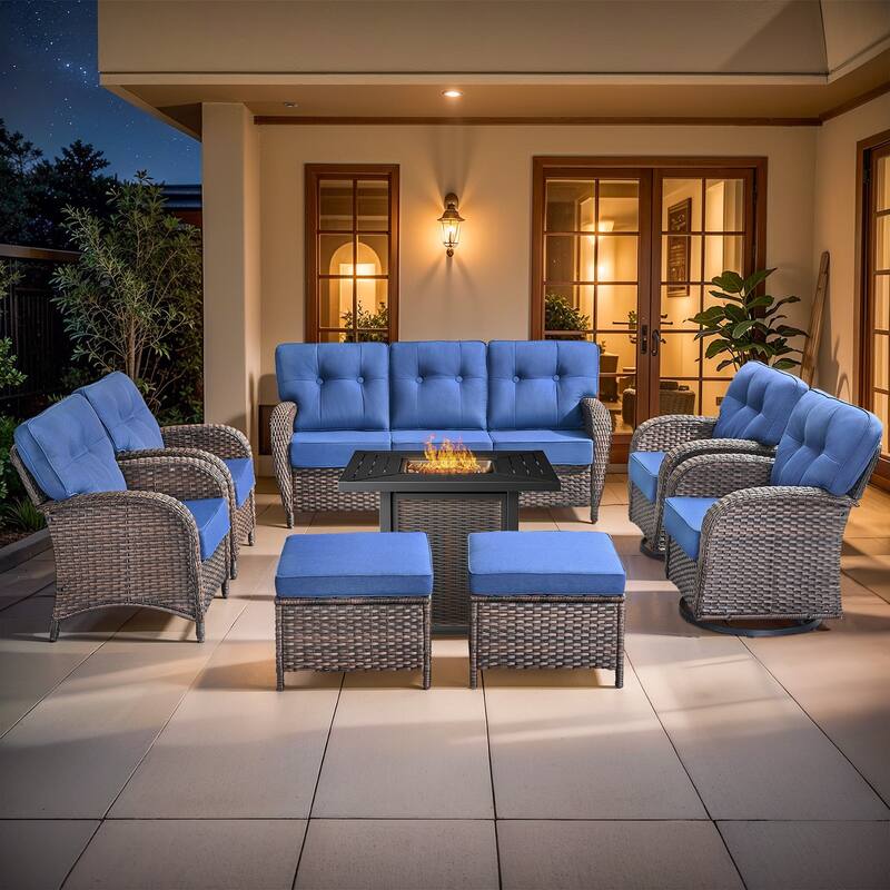 Pocassy Outdoor 30 In Fire Table with Sofa Swivel Patio Chair Set - Brown Wicker Blue Cushion - 8-Piece Patio Sofa Chair Ottoman with Fire Table