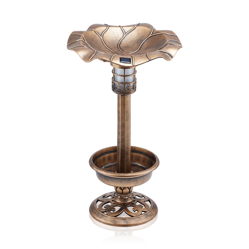Alpine Corporation 29"H Outdoor Pedestal Birdbath with Planter Base and Solar-Powered LED Lights, Bronze