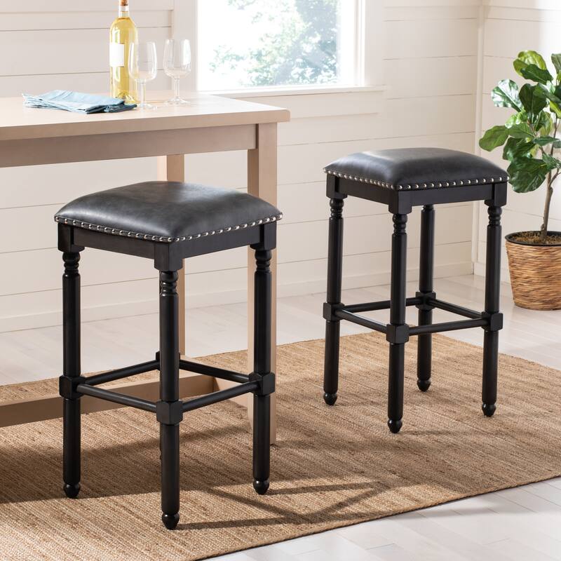 SAFAVIEH Dile 30 Inch Bar Stool - 15" x 15" x 30" - 15" x 15" x 30" - 15Wx15Dx30H - Grey Pu/Grey Walnut/Silver Nailheads