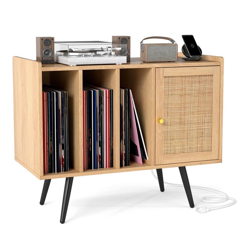 Gymax Record Player Stand w/ Charging Station & Rattan Cabinet - Natural
