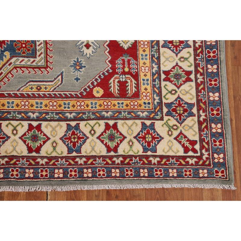 Geometric Grey Kazak Area Rug Handmade Bedroom Wool Carpet - 6'10" x 10'3"