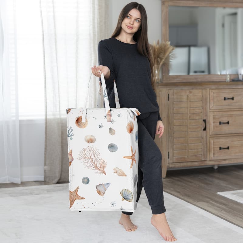 Sweet Jojo Designs Ocean Seashells Boy, Girl, Unisex/Gender Neutral Foldable Laundry Hamper with Handles - Nautical, Beach Theme