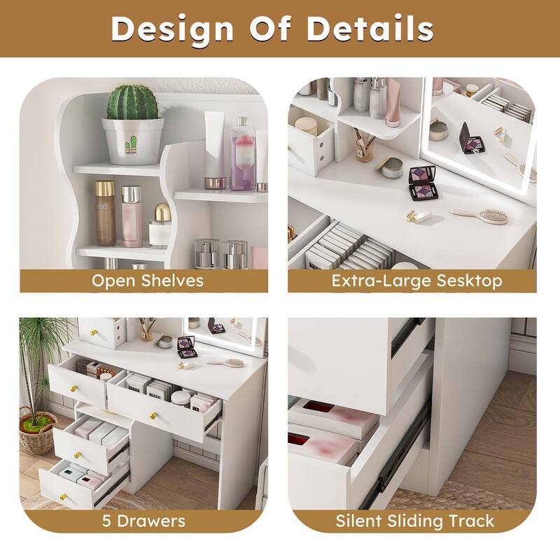 Vanity Desk with Sliding Mirror and Lights White Makeup Vanities with 5 Drawers ，movable and hidden mirror