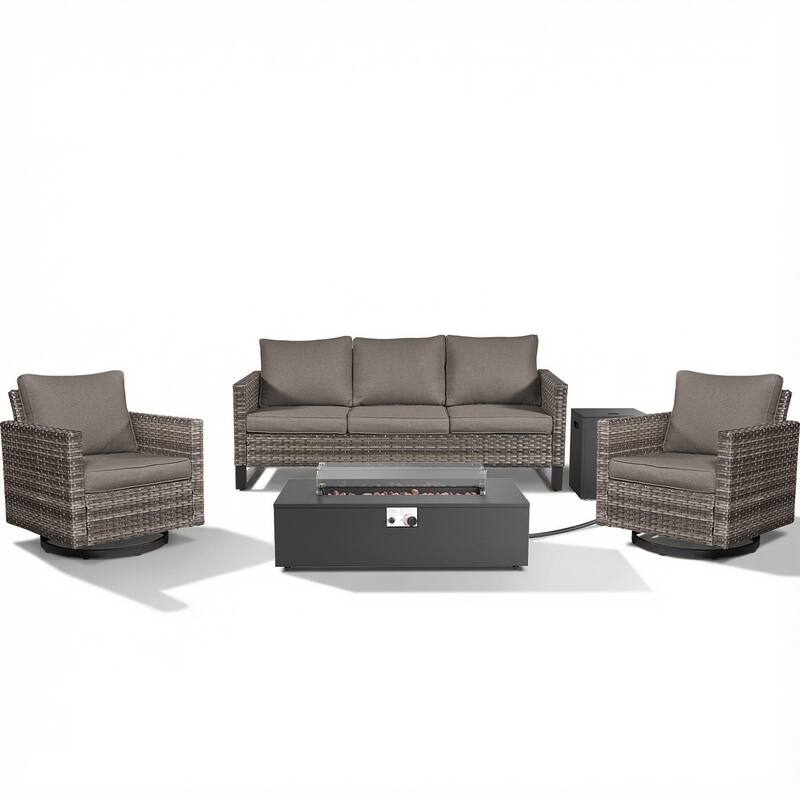 Pocassy Patio 5/7PCS Sofa Swivel Chair Ottoman with Fire Pit Table