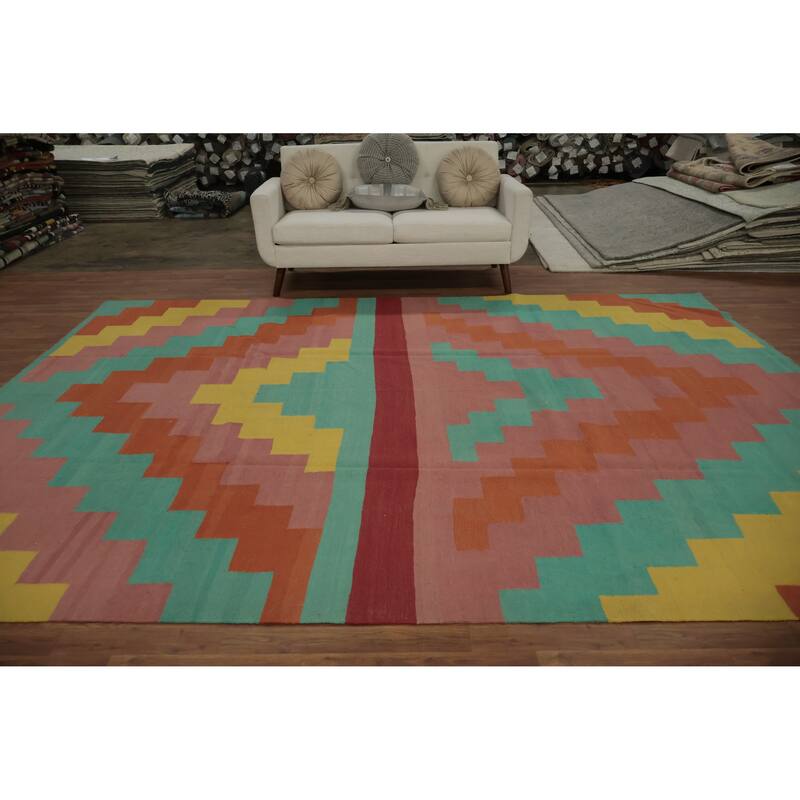 Hand Woven Oriental 100% Wool Carpet Southwestern Modern Multi-Colored Kilim Area Rug - 11' 10'' X 8' 10''