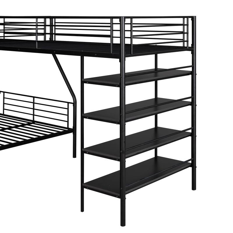 Black Twin & Full Size L-Shaped Metal Triple Bunk Bed with Loft, 4 Built-in Shelves, Full-Length Guardrails