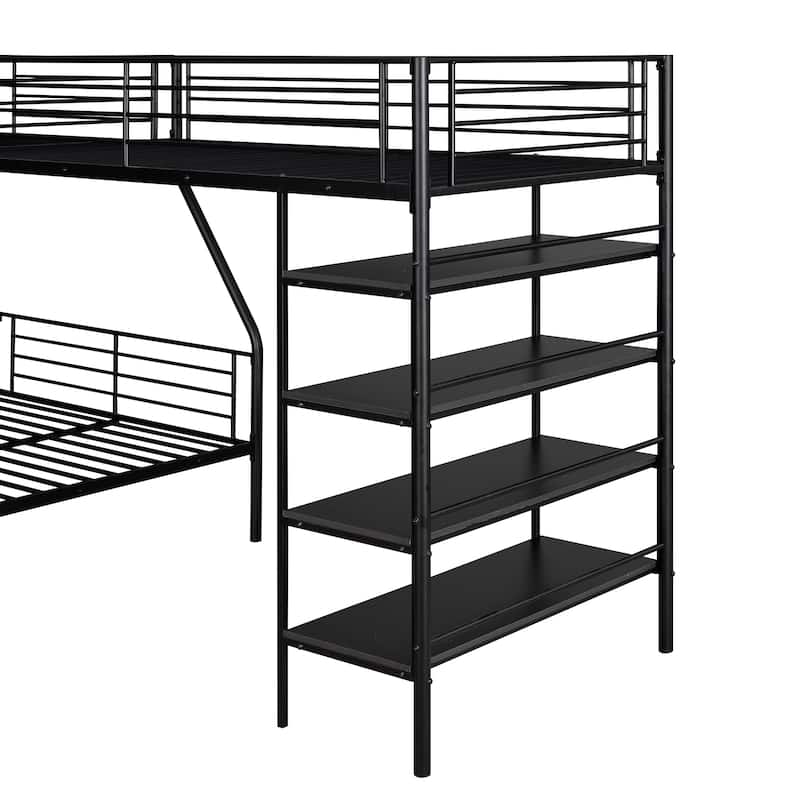 Twin Over Full Metal Bunk Bed with Twin Loft and Storage Shelves, L-Shaped Space-Saving Design