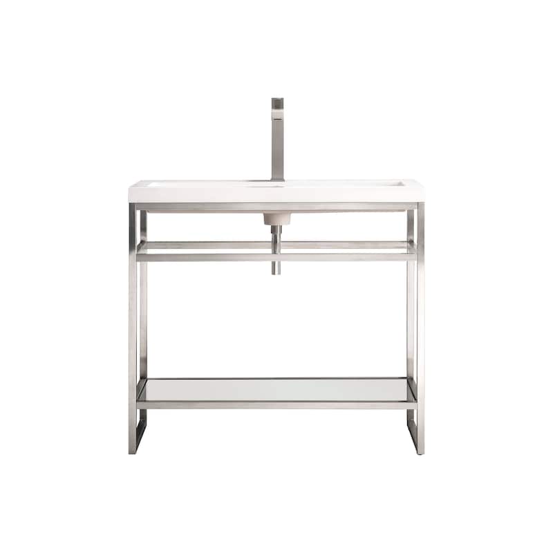 Boston 39.5" Stainless Steel Sink Console w/ White Glossy Composite Countertop