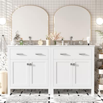 60-Inch Modern Double Vanity Set Featuring Twin Ceramic Sinks, Adjustable Shelves, Soft-Close Doors & Flip Drawers .