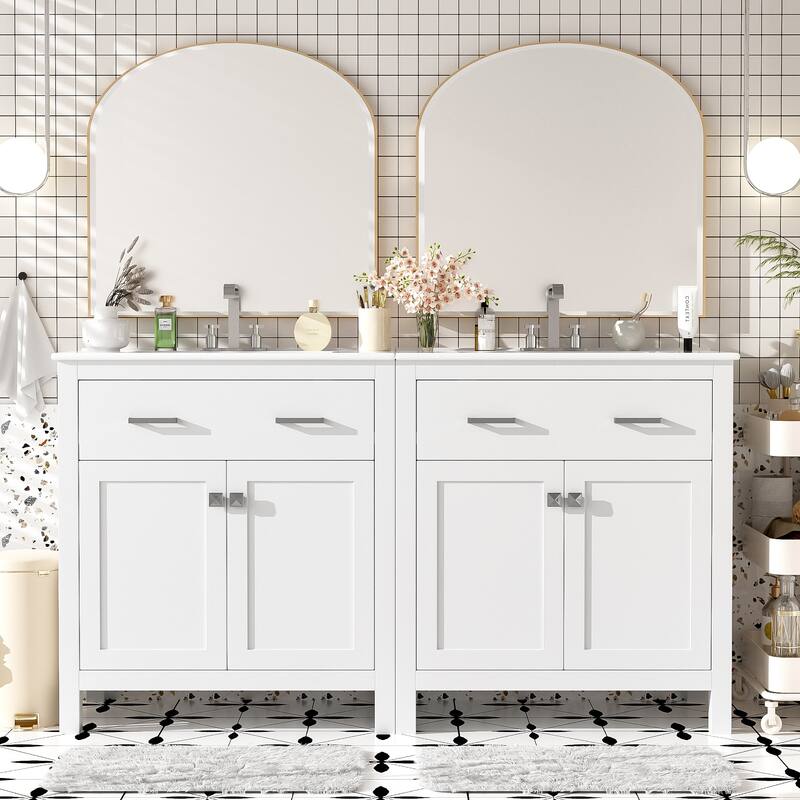Set of 2 Vanity for Bathroom with Double Ceramic Sinks, 60" Modern Storage Cabinet with Flip-down Drawers and Door Organizers - White