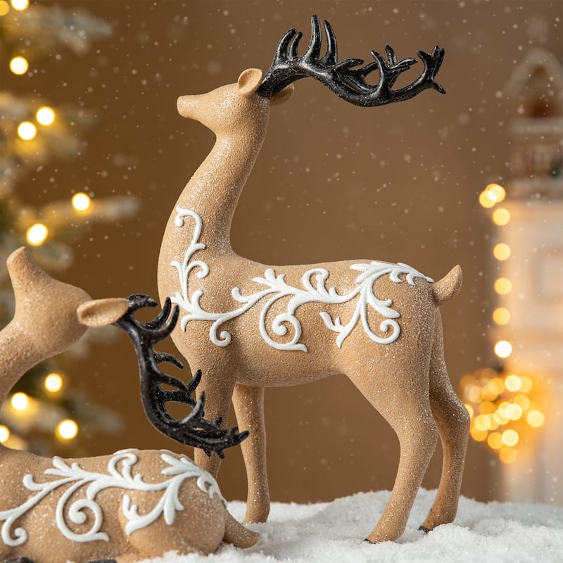 Glitzhome 11.75"L Set of 2 Resin Christmas Reindeer Table Decor