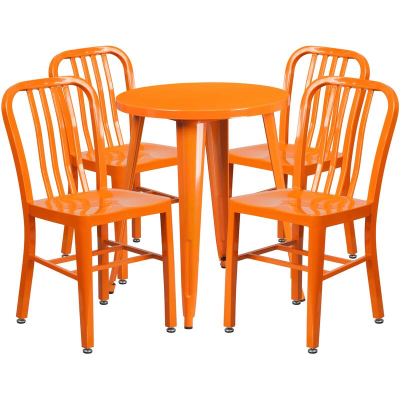 24'' Round Metal Indoor-Outdoor Table Set with 4 Vertical Slat Back Chairs