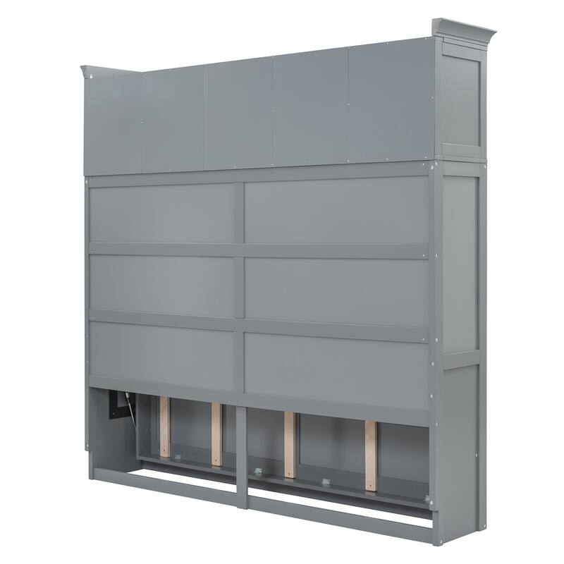 Modern Solid Wood Murphy Bed Chest w/ Top Cabinets, Storage Wall Platform Bed, Wood Slat Support, No Box Spring Needed, Folding