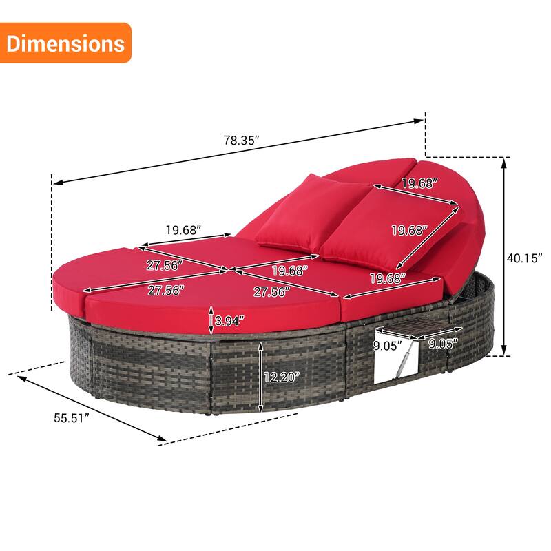 Outdoor Patio Rattan Round Daybed Sunbed with Adjustable Backrests and Foldable Cup Trays